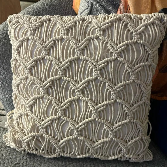 Cream Macrame Throw Pillow Boho 16×16 - Picture 2 of 4